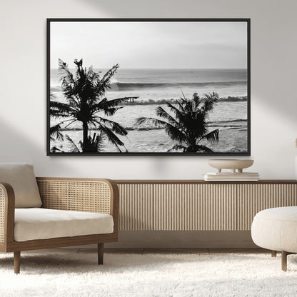 17508038-MGV-CV-36X24-Tropical Coastline Wall Art Canvas Print, Framed Palm Trees Art Picture Print, Ocean Waves Perfect Minimalist Coastal Decor