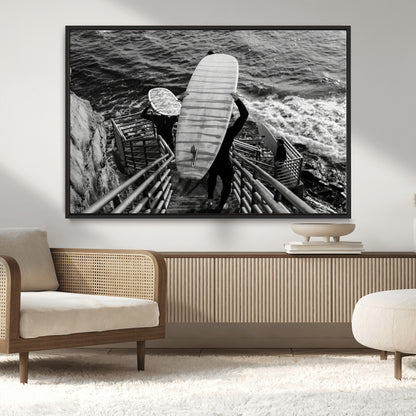 32353707-MGV-CV-36X24-Black White Surfing Wall Art Canvas Print, Framed Coastal Surfing Art Picture Print, Wave Riders Perfect Coastal Adventure Decor