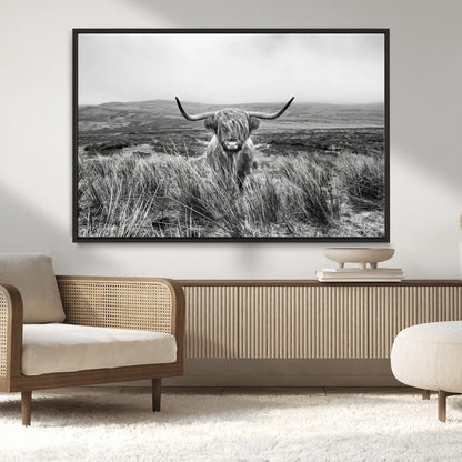 24051061-MGV-CV-36X24-Monochrome Highland Cow Wall Art Canvas Print, Framed Scottish Bull Art Picture Print, Lone Cattle Perfect Rustic Farmhouse Decor