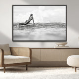 69798068-MGV-CV-36X24-Black White Surfing Wall Art Canvas Print, Framed Ocean Horizon Art Picture Print, Surfer Girl Perfect Coastal Adventure Decor