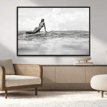 69798068-MGV-CV-36X24-Black White Surfing Wall Art Canvas Print, Framed Ocean Horizon Art Picture Print, Surfer Girl Perfect Coastal Adventure Decor