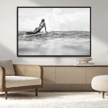 69798068-MGV-CV-36X24-Black White Surfing Wall Art Canvas Print, Framed Ocean Horizon Art Picture Print, Surfer Girl Perfect Coastal Adventure Decor