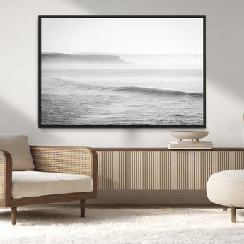 60635783-MGV-CV-36X24-Black White Seascape Wall Art Canvas Print, Framed Ocean Waves Art Picture Print, Misty Coastal Perfect Minimalist Coastal Decor