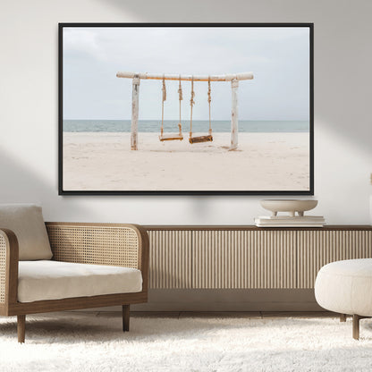 68327283-MGV-CV-36X24-Beach Swing Wall Art Canvas Print, Framed Quiet Beach Art Picture Print, Calm Shoreline Perfect Bohemian Coastal Decor Artwork