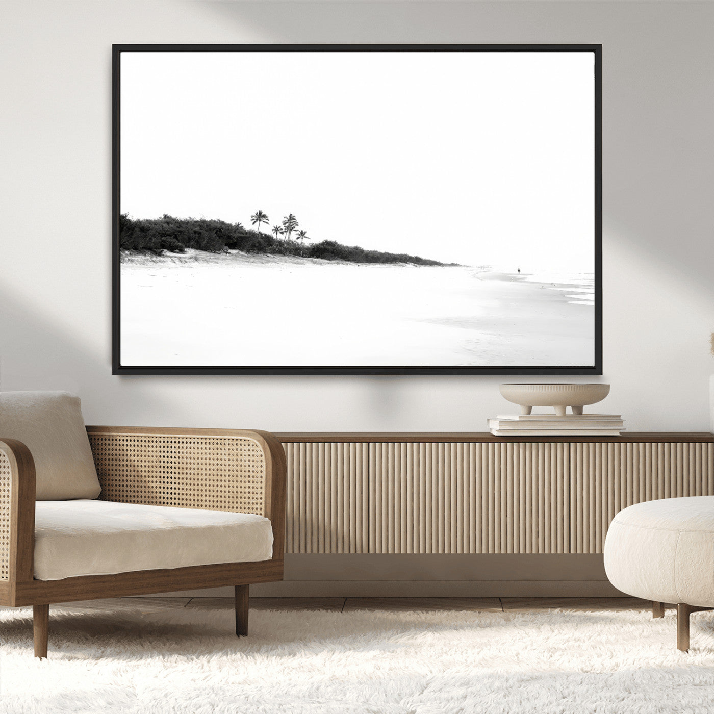 29611516-MGV-CV-36X24-Black White Beach Wall Art Canvas Print, Framed Palm Trees Art Picture Print, Monochrome Tropical Perfect Minimalist Coastal Decor