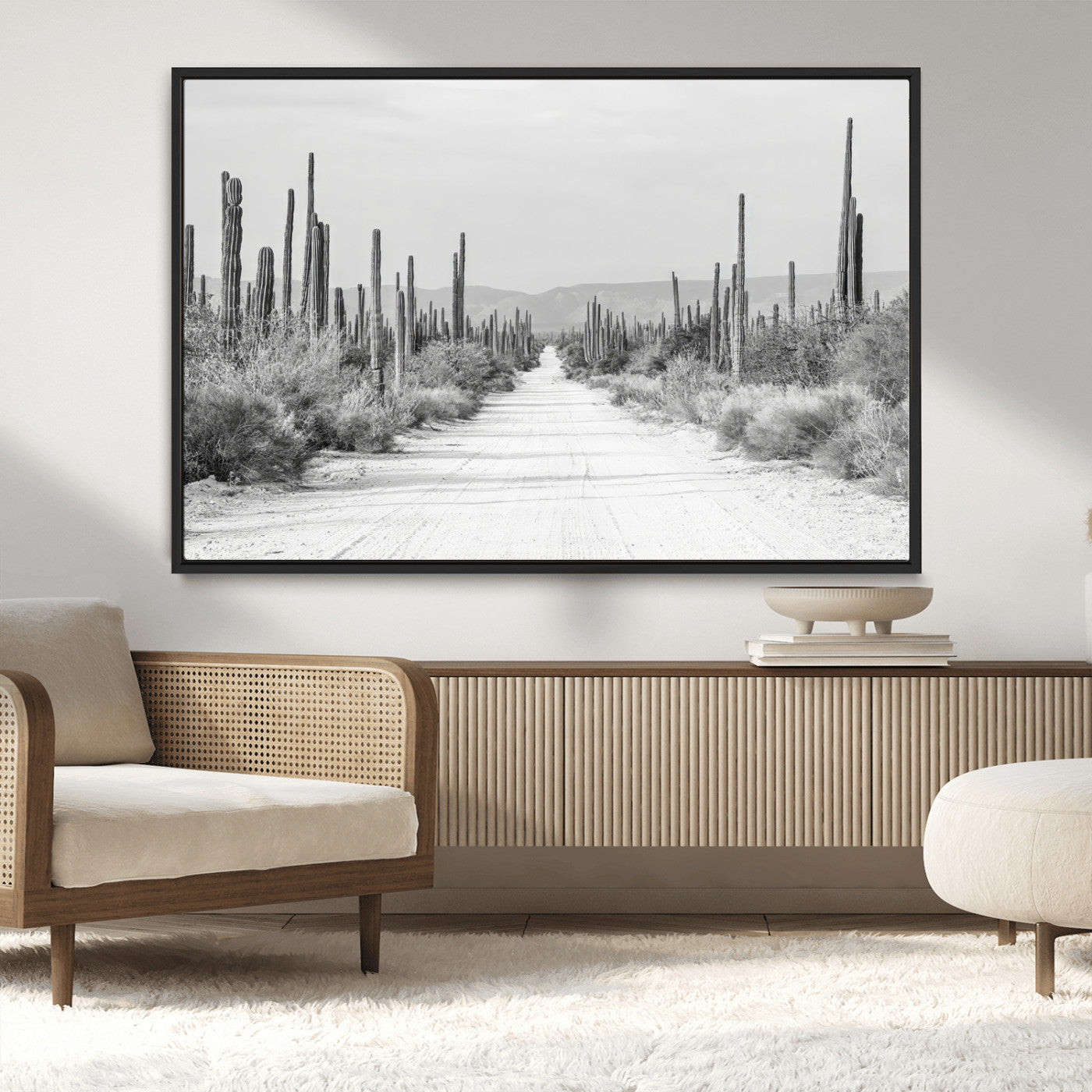 35537313-MGV-CV-36X24-Monochrome Desert Wall Art Canvas Print, Framed Cactus Path Art Picture Print, Southwestern Landscape Perfect Southwestern
