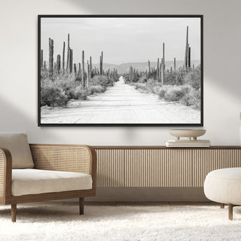 35537313-MGV-CV-36X24-Monochrome Desert Wall Art Canvas Print, Framed Cactus Path Art Picture Print, Southwestern Landscape Perfect Southwestern