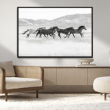 69934913-MGV-CV-36X24-Wild Horses Running Wall Art Canvas Print, Framed Black White Mustangs Art Picture Print, Rustic Western Perfect Rustic Western
