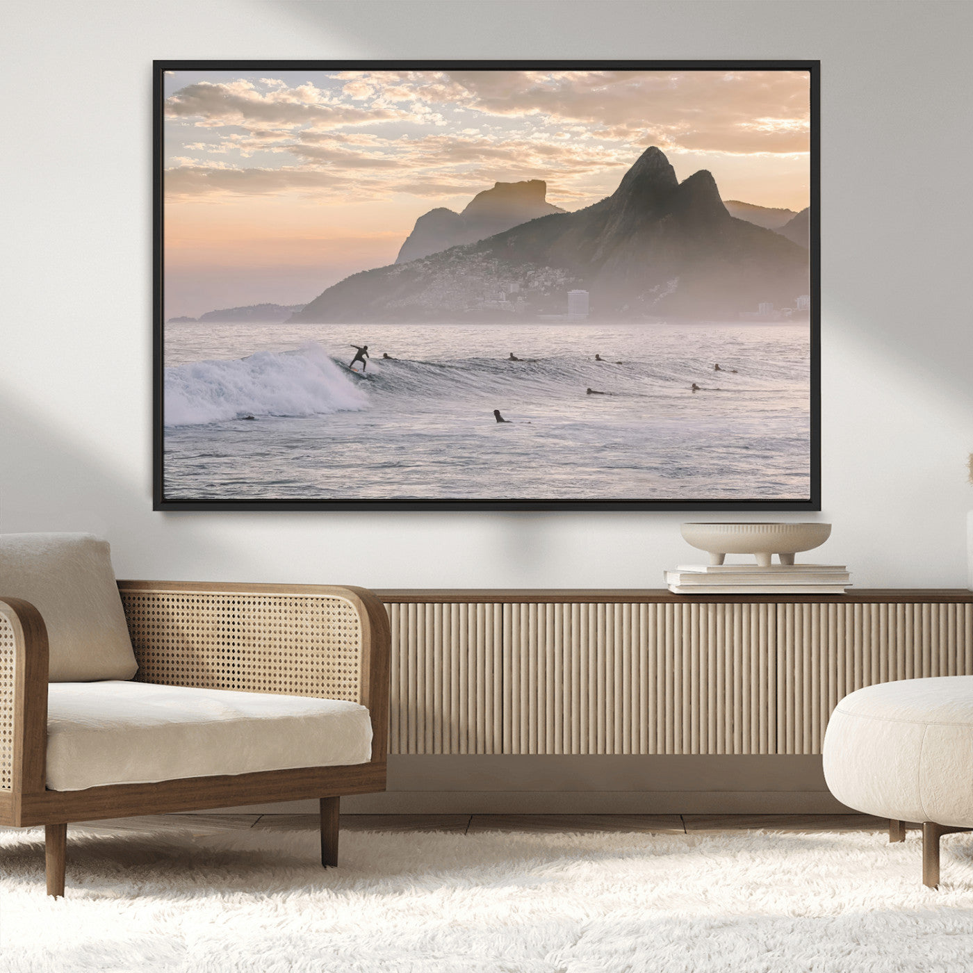 70644906-MGV-CV-36X24-Sunset Surfing Wall Art Canvas Print, Framed Misty Mountains Art Picture Print, Surfer Riding Wave Perfect Coastal Adventure Decor