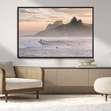 70644906-MGV-CV-36X24-Sunset Surfing Wall Art Canvas Print, Framed Misty Mountains Art Picture Print, Surfer Riding Wave Perfect Coastal Adventure Decor