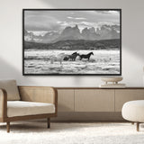 21655040-MGV-CV-36X24-Wild Horses Wall Art Canvas Print, Framed Black White Mountains Art Picture Print, Rustic Countryside Perfect Rustic Western Decor