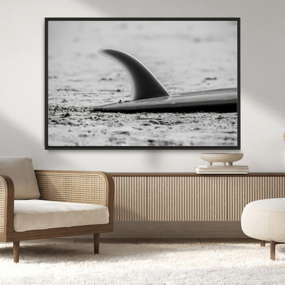 62314230-MGV-CV-36X24-Black White Surfboard Wall Art Canvas Print, Framed Minimalist Beach Art Picture Print, Surf Fin Perfect Minimalist Coastal Decor