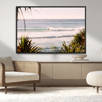 23287092-MGV-CV-36X24-Ocean Surfer Wall Art Canvas Print, Framed Coastal Surf Art Picture Print, Tropical Beach Perfect Tropical Coastal Decor Artwork