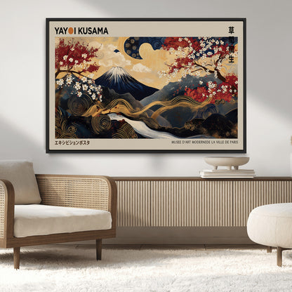 54967195-MGV-CV-36X24-Mount Fuji Wall Art – Japanese Cherry Blossom Abstract Canvas Print, Navy Gold Landscape Painting, Oriental Luxury Home Decor