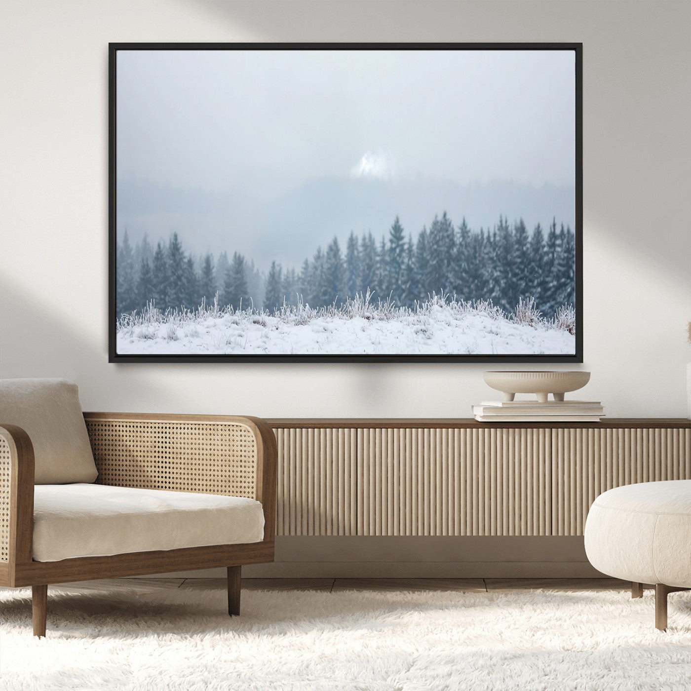 33033082-MGV-CV-36X24-Winter Forest Art Wall Art Canvas Print, Framed Snowy Landscape Art Picture Print, Misty Tree Scene Perfect Nordic Minimalist