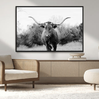 97280319-MGV-CV-36X24-Longhorn Photography Wall Art Canvas Print, Framed Western Cow Decor Art Picture Print, Texas Ranch Style Perfect Rustic Farmhouse