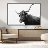 99244177-MGV-CV-36X24-Longhorn Photography Wall Art Canvas Print, Framed Western Cow Decor Art Picture Print, Black White Bull Perfect Modern Rustic
