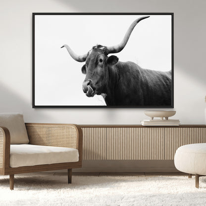 99244177-MGV-CV-36X24-Longhorn Photography Wall Art Canvas Print, Framed Western Cow Decor Art Picture Print, Black White Bull Perfect Modern Rustic