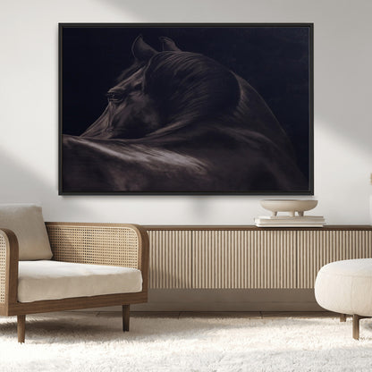 67026880-MGV-CV-36X24-Black Horse Portrait Wall Art Canvas Print, Framed Moody Horse Decor Art Picture Print, Equestrian Wall Style Perfect Masculine