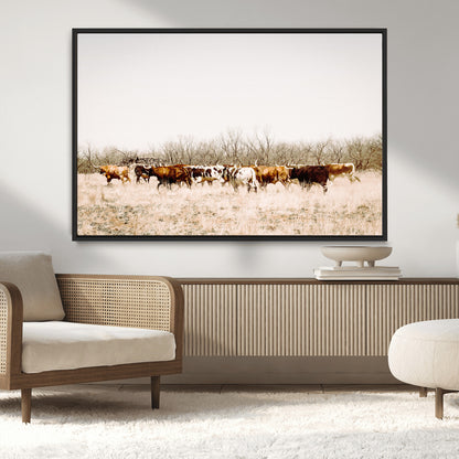 12454132-MGV-CV-36X24-Cow Herd Photography Wall Art Canvas Print, Framed Rustic Farmhouse Decor Art Picture Print, Western Ranch Style Perfect Rustic
