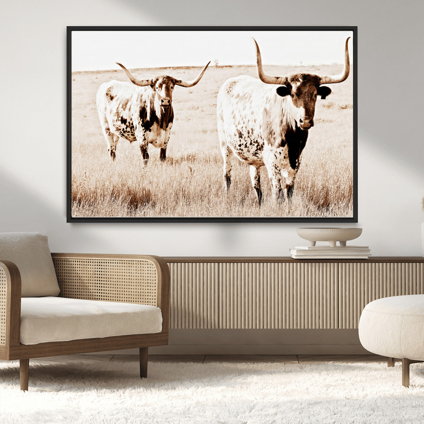 39672786-MGV-CV-36X24-Rustic Cow Scene Wall Art Canvas Print, Framed Farmhouse Style Cattle Art Picture Print, Prairie Animal Duo Perfect Rustic Western