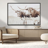 48161868-MGV-CV-36X24-Longhorn Cow Decor Wall Art Canvas Print, Framed Rustic Cattle Art Picture Print, Sepia Western Vibe Perfect Neutral Rustic
