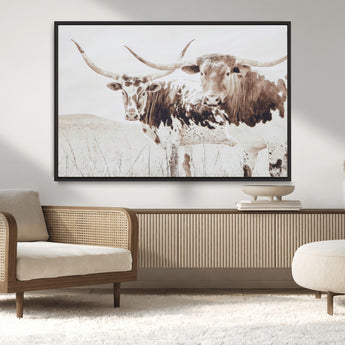 48161868-MGV-CV-36X24-Longhorn Cow Decor Wall Art Canvas Print, Framed Rustic Cattle Art Picture Print, Sepia Western Vibe Perfect Neutral Rustic