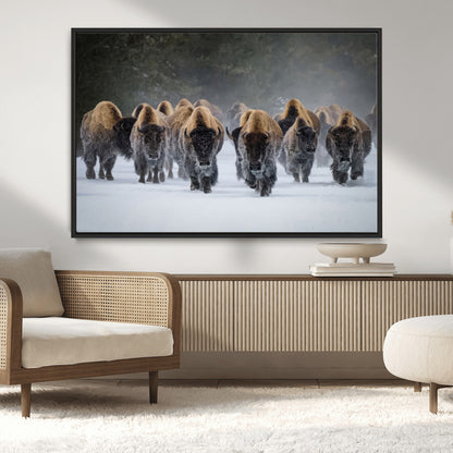 41669135-MGV-CV-36X24-Bison Herd Scene Wall Art Canvas Print, Framed Rustic Wildlife Decor Art Picture Print, Snowy Bison Landscape Perfect Rustic