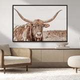 77810049-MGV-CV-36X24-Longhorn Bull Photo Wall Art Canvas Print, Framed Rustic Cow Decor Art Picture Print, Neutral Farmhouse Style Perfect Rustic