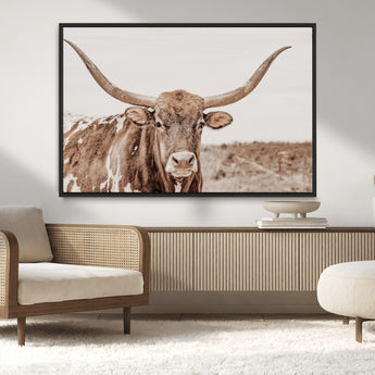77810049-MGV-CV-36X24-Longhorn Bull Photo Wall Art Canvas Print, Framed Rustic Cow Decor Art Picture Print, Neutral Farmhouse Style Perfect Rustic