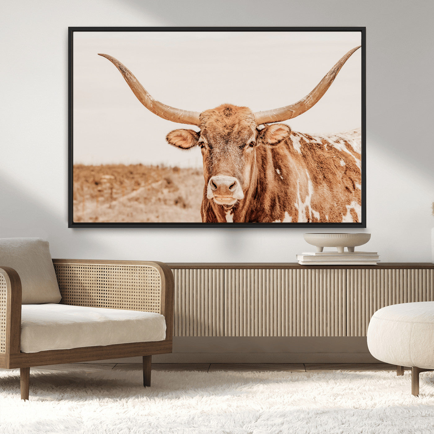 74406977-MGV-CV-36X24-Longhorn Bull Decor Wall Art Canvas Print, Framed Western Cow Theme Art Picture Print, Rustic Farmhouse Wall Perfect Neutral