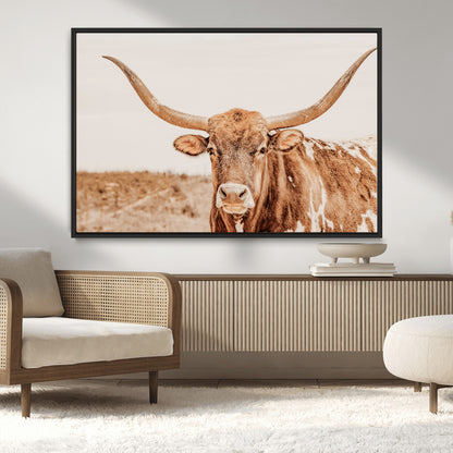 74406977-MGV-CV-36X24-Longhorn Bull Decor Wall Art Canvas Print, Framed Western Cow Theme Art Picture Print, Rustic Farmhouse Wall Perfect Neutral