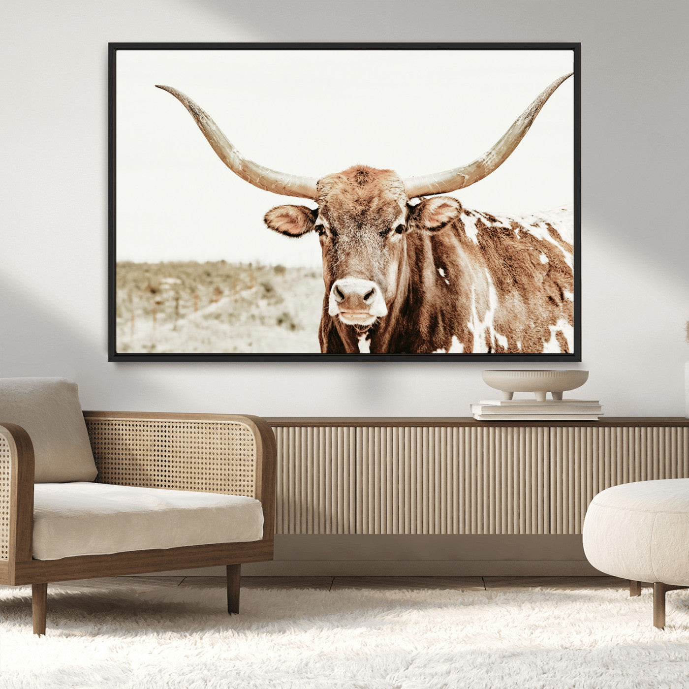 98924580-MGV-CV-36X24-Texas Longhorn Bull Wall Art Canvas Print, Framed Rustic Farmhouse Decor Art Picture Print, Western Animal Theme Perfect Rustic