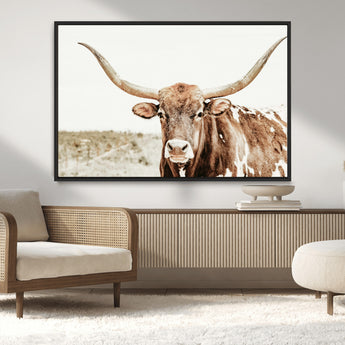 98924580-MGV-CV-36X24-Texas Longhorn Bull Wall Art Canvas Print, Framed Rustic Farmhouse Decor Art Picture Print, Western Animal Theme Perfect Rustic