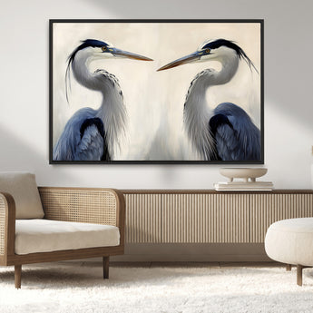 18230556-MGV-CV-36X24-Blue Heron Pair Wall Art Canvas Print, Framed Coastal Bird Theme Art Picture Print, Tranquil Wildlife Scene Perfect Coastal