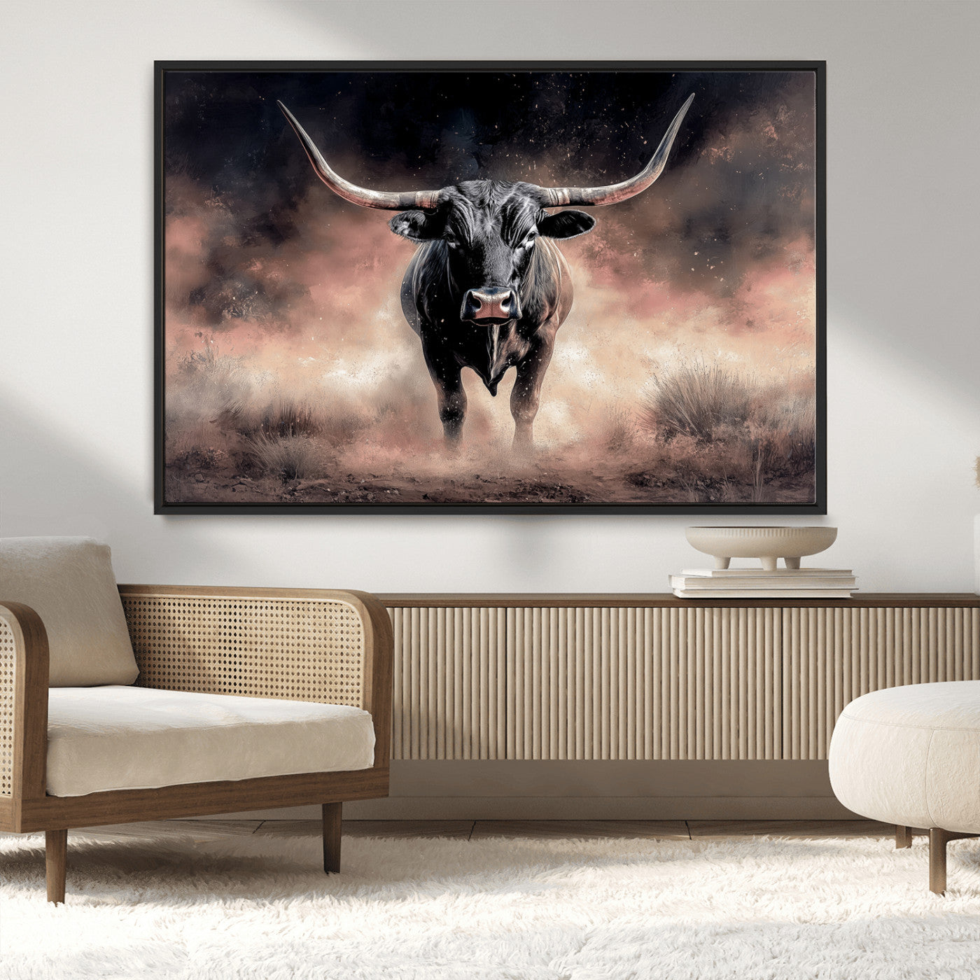 71457818-MGV-CV-36X24-Longhorn Wall Art Wall Art Canvas Print, Framed Western Bull Canvas Art Picture Print, Rustic Cow Decor Perfect Western Dramatic