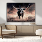 71457818-MGV-CV-36X24-Longhorn Wall Art Wall Art Canvas Print, Framed Western Bull Canvas Art Picture Print, Rustic Cow Decor Perfect Western Dramatic