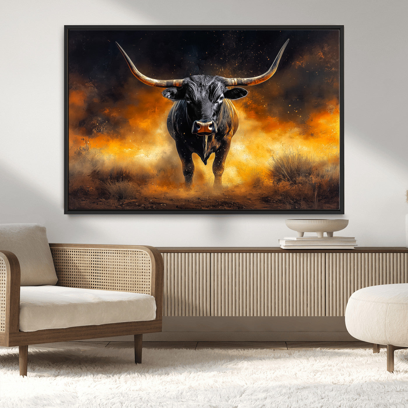 58293979-MGV-CV-36X24-Longhorn Canvas Wall Art Canvas Print, Framed Bold Bull Wall Art Art Picture Print, Western Animal Decor Perfect Western Dramatic