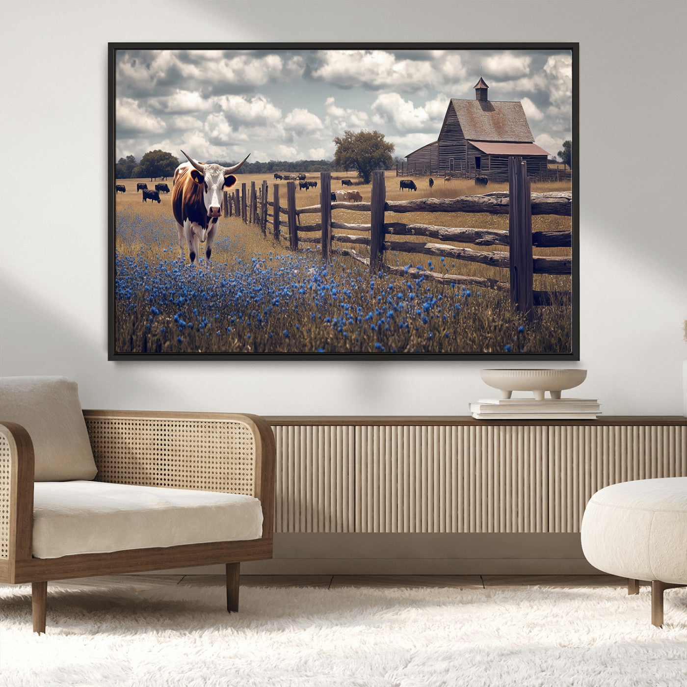 22296025-MGV-CV-36X24-Texas Longhorn Canvas Wall Art Canvas Print, Framed Rustic Barn Wall Art Art Picture Print, Farmhouse Cow Decor Perfect Rustic