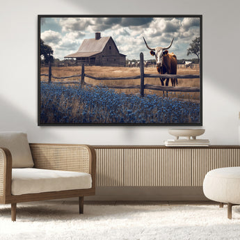 51092814-MGV-CV-36X24-Texas Longhorn Wall Art Wall Art Canvas Print, Framed Rustic Barn Canvas Art Picture Print, Farmhouse Cow Decor Perfect Rustic