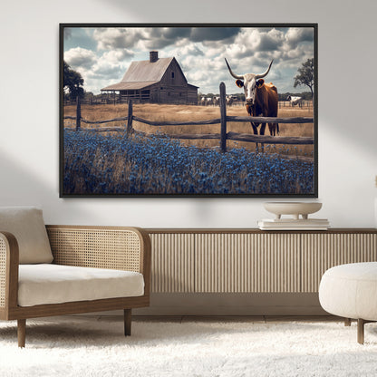 51092814-MGV-CV-36X24-Texas Longhorn Wall Art Wall Art Canvas Print, Framed Rustic Barn Canvas Art Picture Print, Farmhouse Cow Decor Perfect Rustic