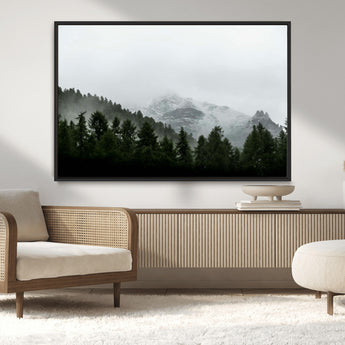 55968349-MGV-CV-36X24-Misty Mountains Wall Art Canvas Print, Framed Foggy Forest Art Picture Print, Snowy Peaks Perfect Moody Wilderness Decor Artwork