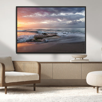 94208089-MGV-CV-36X24-Golden Hour Wall Art Canvas Print, Framed Tranquil Waves Art Picture Print, Beach Horizon Perfect Coastal Serenity Decor Artwork