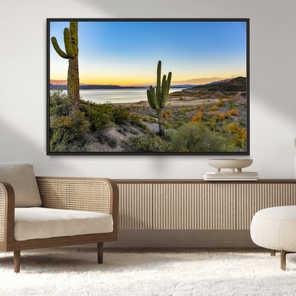 52844711-MGV-CV-36X24-Saguaro Cactus Wall Art Canvas Print, Framed Desert Sunset Art Picture Print, Southwestern Scene Perfect Southwestern Rustic Decor