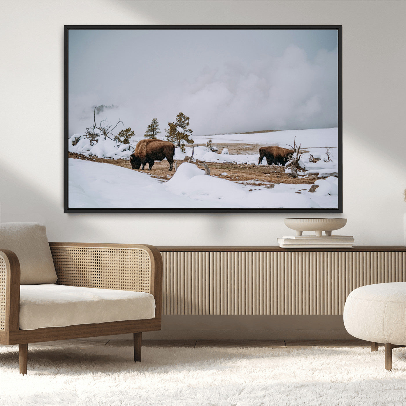 60308289-MGV-CV-36X24-Bison Wildlife Wall Art Canvas Print, Framed Snowy Prairie Art Picture Print, Western Landscape Perfect Rustic Winter Decor