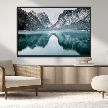 73098373-MGV-CV-36X24-Mountain Lake Wall Art Canvas Print, Framed Winter Wonderland Art Picture Print, Snowy Peaks Perfect Modern Nature Decor Artwork