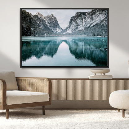 73098373-MGV-CV-36X24-Mountain Lake Wall Art Canvas Print, Framed Winter Wonderland Art Picture Print, Snowy Peaks Perfect Modern Nature Decor Artwork