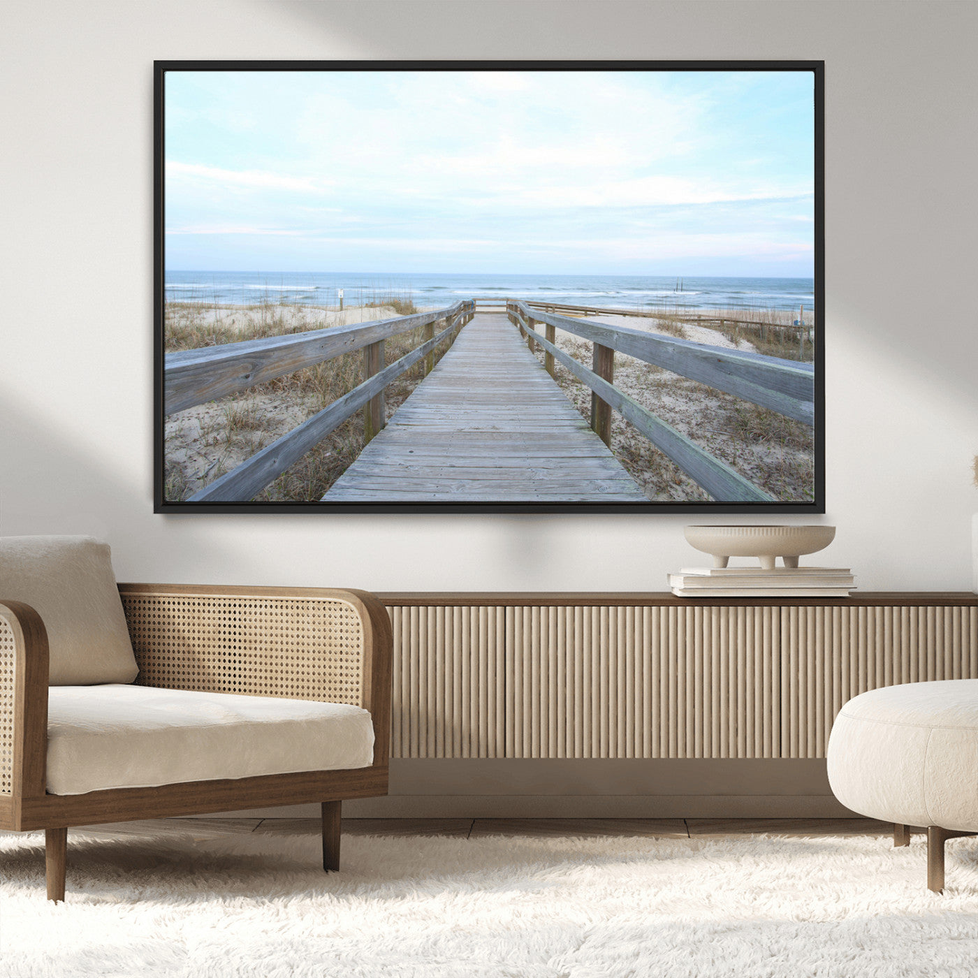 31602988-MGV-CV-36X24-Beach Boardwalk Wall Art Canvas Print, Framed Coastal Serenity Art Picture Print, Ocean View Perfect Coastal Minimalist Decor