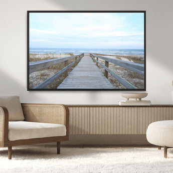 31602988-MGV-CV-36X24-Beach Boardwalk Wall Art Canvas Print, Framed Coastal Serenity Art Picture Print, Ocean View Perfect Coastal Minimalist Decor
