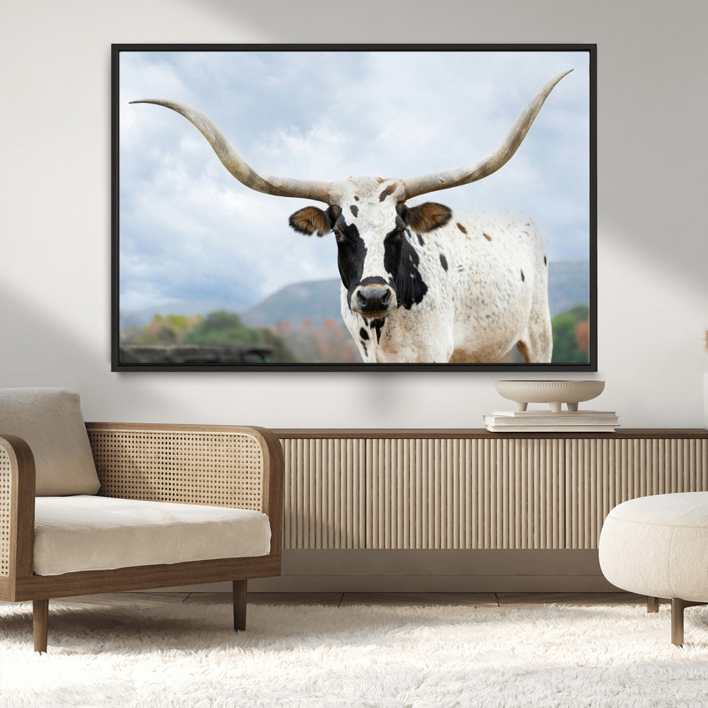 63592811-MGV-CV-36X24-Texas Longhorn Wall Art Canvas Print, Framed Western Rustic Art Picture Print, Farmhouse Decor Perfect Rustic Farmhouse Decor